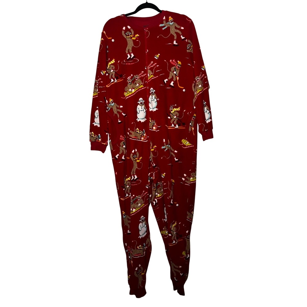 Nick‎ & Nora One Piece Fleece Pajamas Sleepwear Red Sock Monkey Snowman Print XL